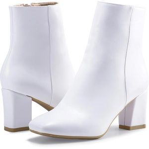 Fashionable White Square Toe Block Heeled Boots.